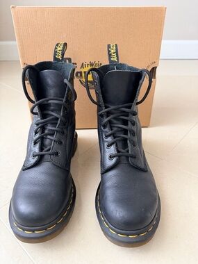 Dr. Martens Black Leather Lace-Up Boots with Yellow Stitching
